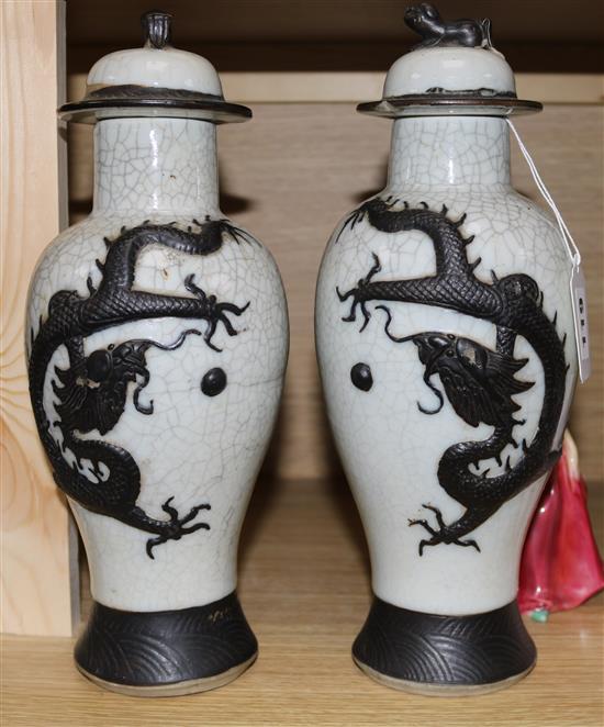 A pair of Chinese crackleglaze vases and covers, 32cm